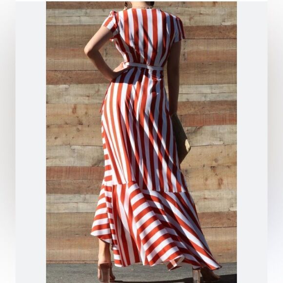 Bamboo Apparel striped adjustable waist wrap ruffle maxi dress size Med NWOT - Picture 3 of 6